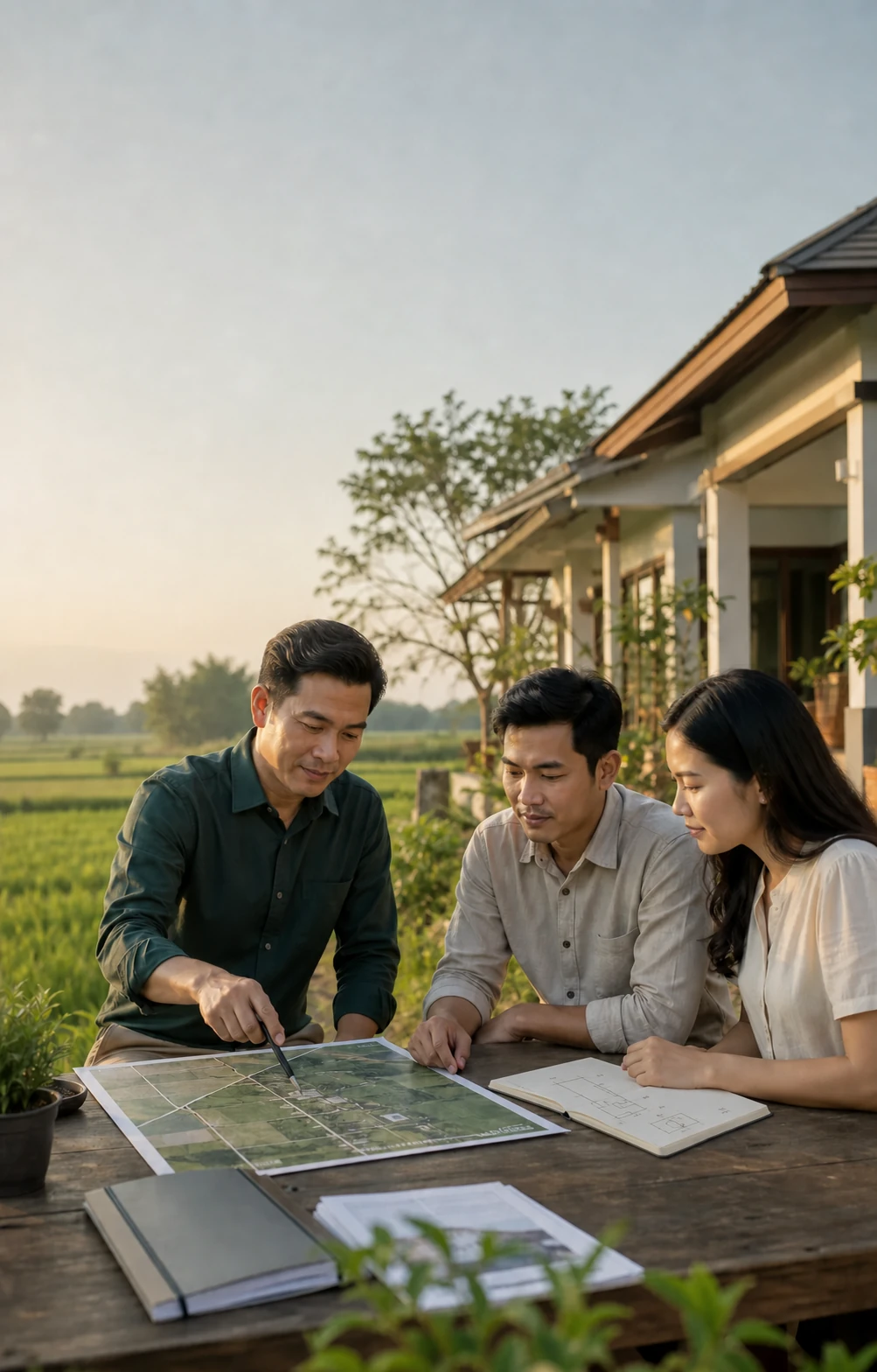 ภาพประกอบที่ปรึกษาอสังหาริมทรัพย์ช่วยเจ้าของบ้านพิจารณาแผนที่และแผนผังทรัพย์